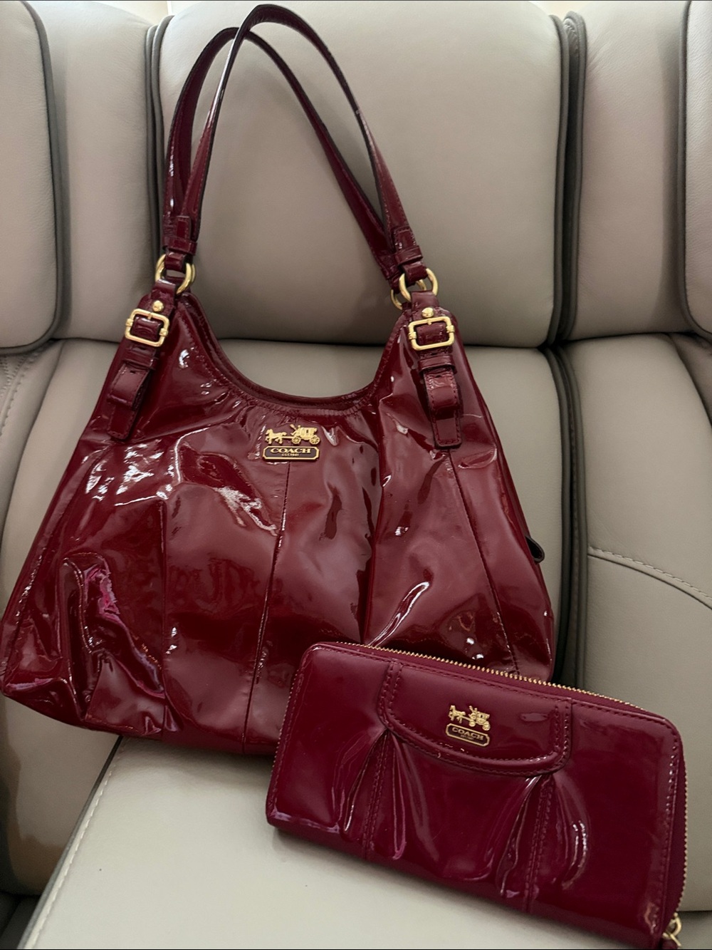 Coach Glossy Patent Shoulder Bag and Zip Wallet in Wine Red